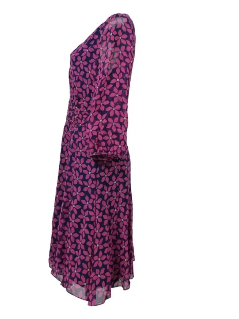Diane Von Furstenberg Navy Silk Pink Floral Wrap V-Neck Half Sleeve Dress 6